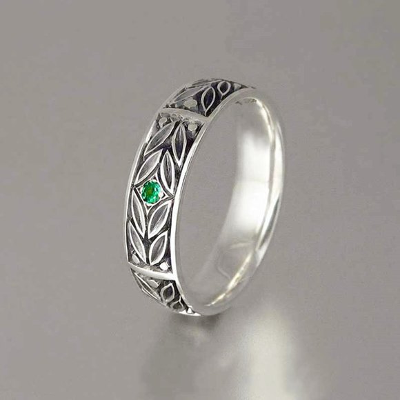 💍 Carved Ethnic Retro Leaf Tiny Green Zircon Ancient Silver Vintage Ring,VIP349 - Picture 3 of 5